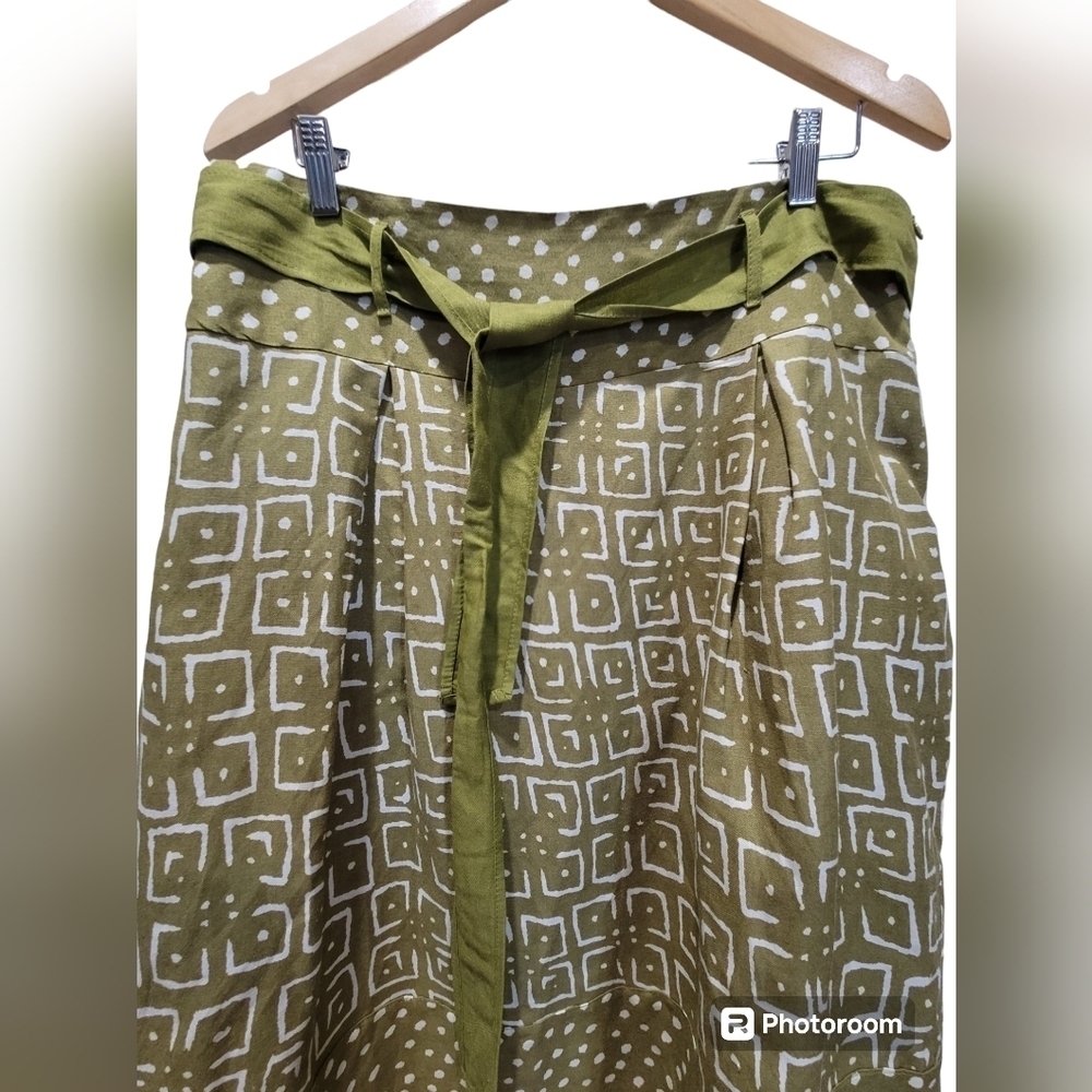 XL Avocado Green Geometric Skirt with Waist Tie String Side Zipper Liner Midi - Picture 3 of 8